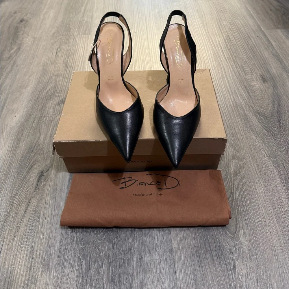 Black Leather Bianca Di Slingback High Heel Pumps Size 39 MADE IN ITALY BNIB - Picture 1 of 7